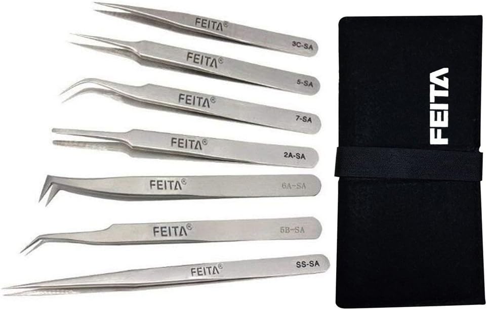 FEITA Precision Tweezers with Travel Case (7Pcs)