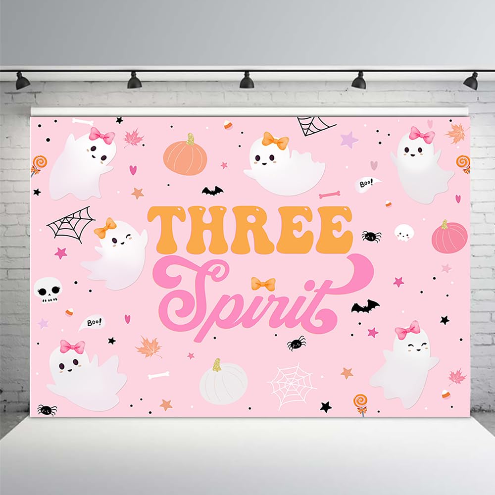MEHOFOND 7x5ft Halloween Happy Birthday Backdrop for Girls Three Spirit 3rd Birthday Party Decor Little Boo Spooktacular Pink Background for