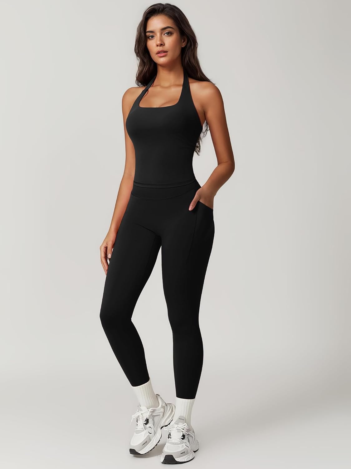 RXRXCOCO Open Back Workout Sets for Women 2 Piece Halter Tank Tops Hidden Scrunch Leggings Matching Set with Pockets - Image 2