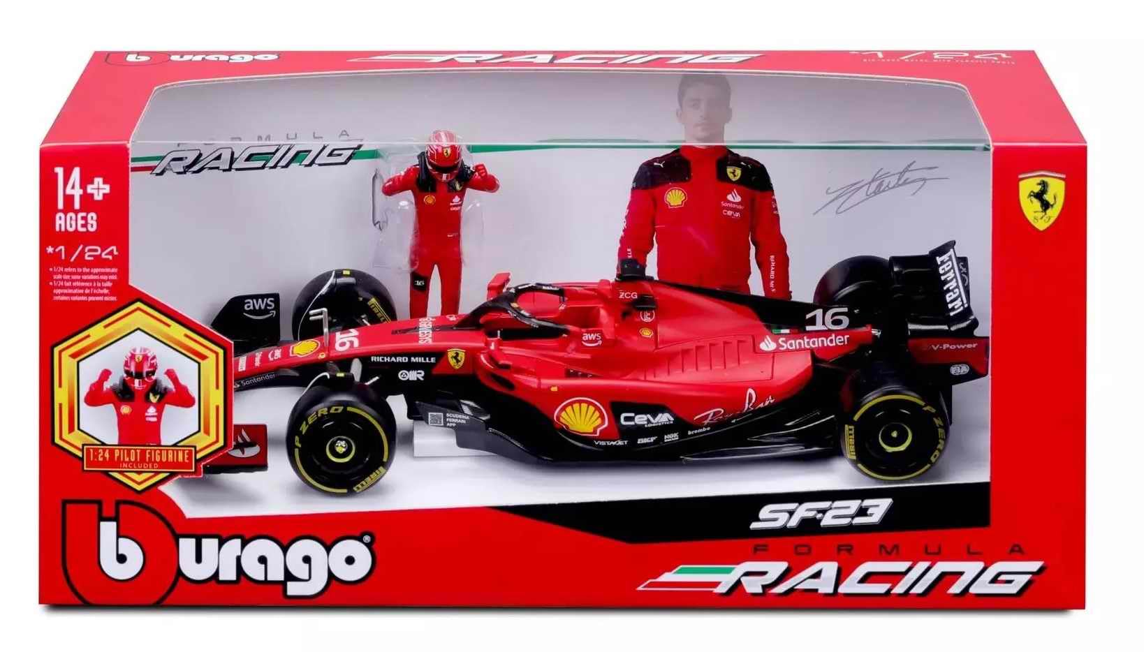 Burago - Auto da collezione Formula 1, compatibile con Ferrari SF23 con statuetta Charles Leclerc 2023 1/24 in metallo