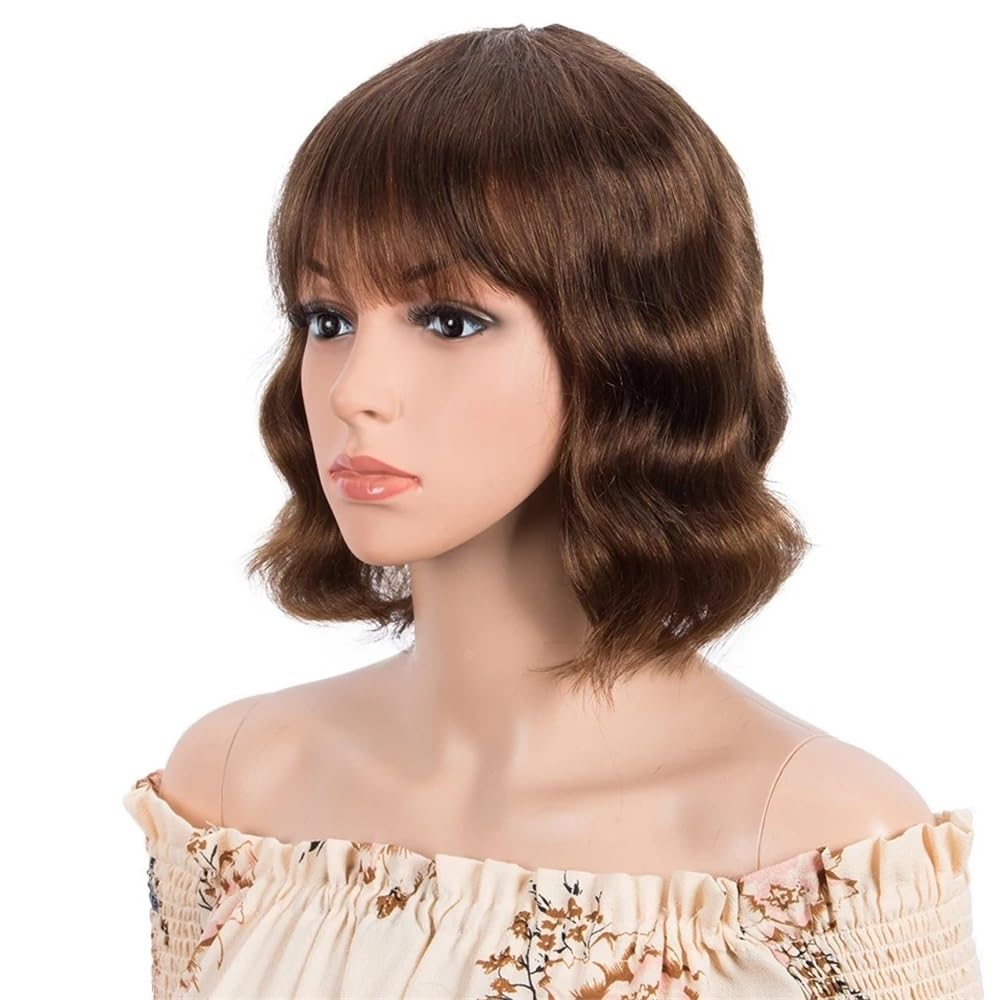 xiuling4568 8 inch Short Pixie Wavy Bob Human Hair Wigs with Bangs for Women Brazilian Remy Hair Wig Hairs Extensions(BROWN)