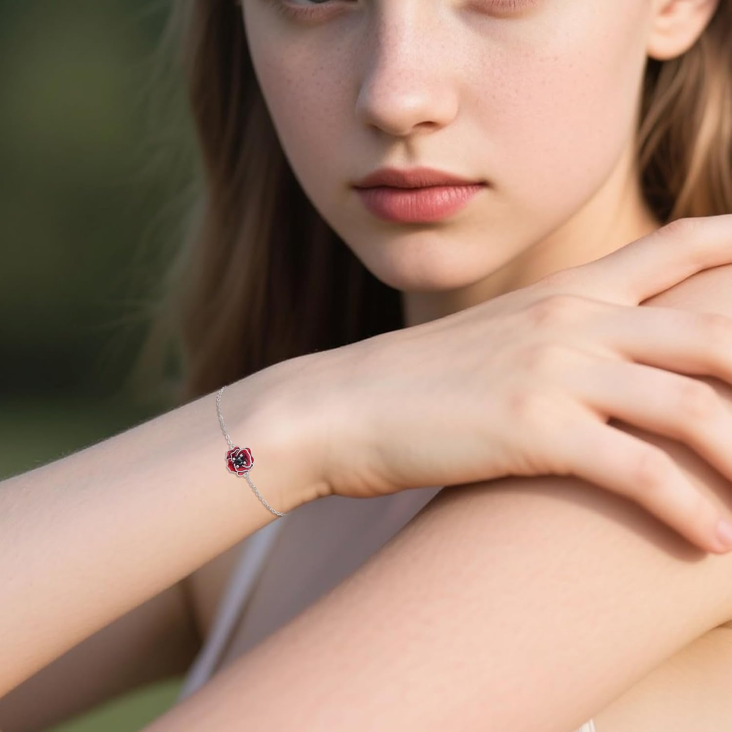 URONE Flower Bracelet 925 Sterling Silver Red Poppy/Tulip/Forget Me Not Bracelet Jewelry Gift for Women