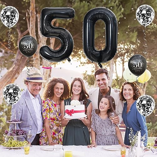 Image of 50th Birthday Balloons, 50th Birthday Decorations for Women with Black Birthday Print Confetti Balloons Latex Metallic Balloons 40 Inch Foil Number 50th Balloons for Men 50th Birthday Party Decor