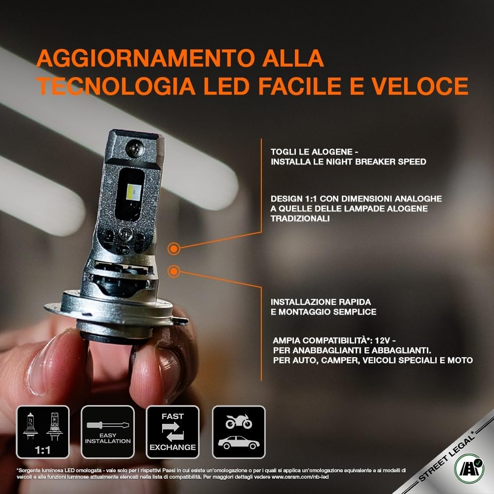 OSRAM NIGHT BREAKER LED SPEED H7 450 per moto, lampada LED retrofit per moto con omologazione stradale, fino al 450% di luminosità in più, 6000K, installazione rapida, LEDEC02 integrato, 1 lampada