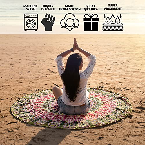 Folkulture Catsy Round Mandala Tapestry Towel Or Boho Beach Blanket, Circle Yoga Mat For Meditation, Hippie Table Cloth, Mandala Rug Or Bohemian Decor - 72 Inches, Green #TOP1