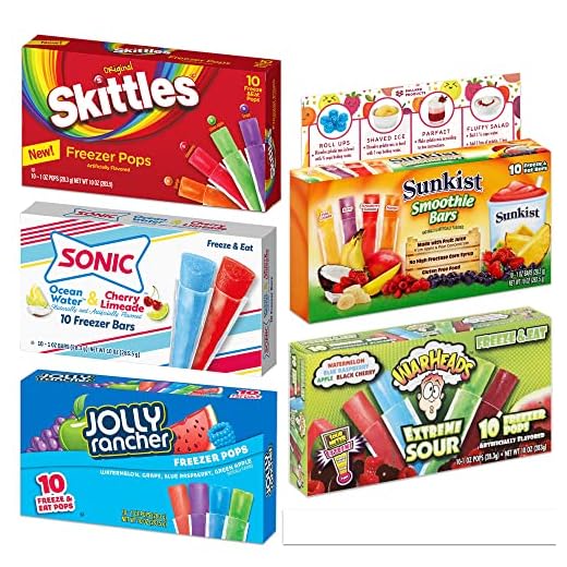 Ice Pops Freezer Bar Variety Pack | 1 Box Each of Jolly Rancher, Warheads, Sonic, Sunkist and Skittles Popsicles | Bundle with Ballard Cold Treats Recipe Card