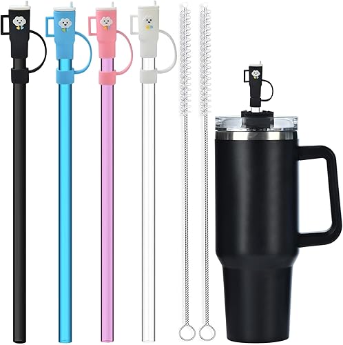 ALINK Paquete de 4 popotes de repuesto y cubiertas para popotes Stanley de 40 onzas y 30 onzas, 12 pulgadas de plástico reutilizable transparente