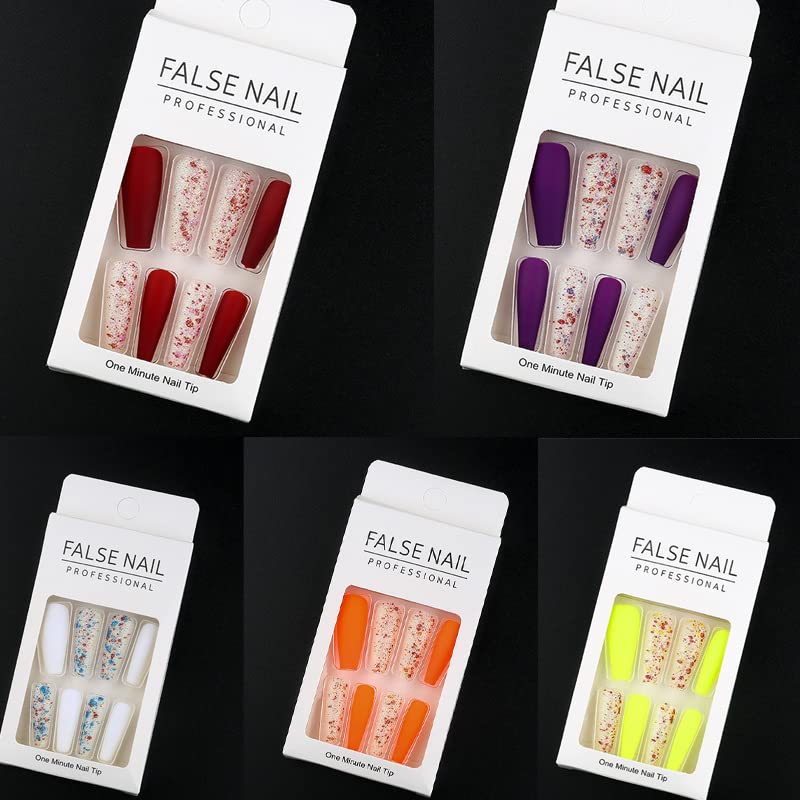 EALGA-LT005-8 - Uñas postizas a presión color morado ciruela, ataúd con purpurina roja moteada mate, uñas postizas moradas a presión, uñas acrílicas