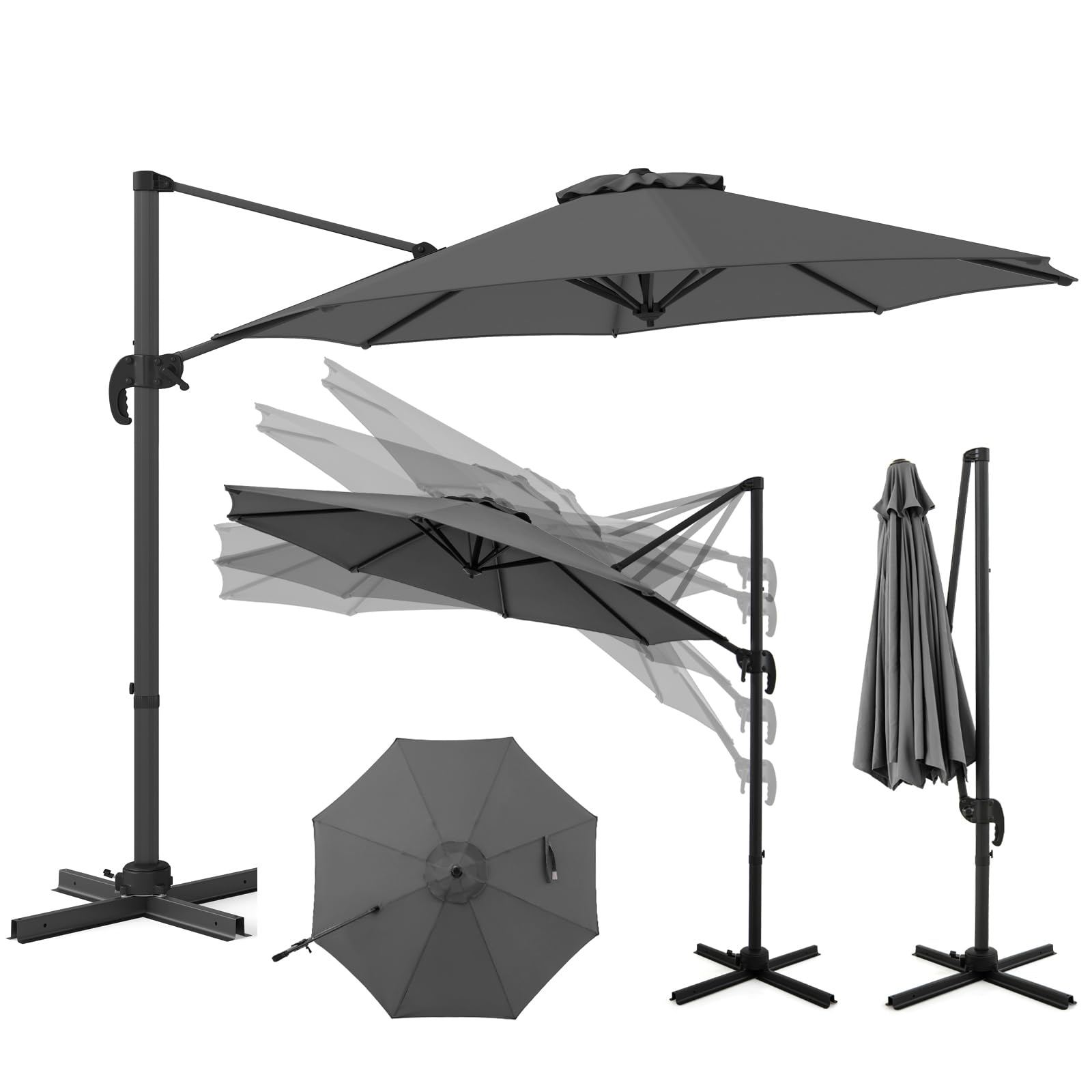 RELAX4LIFE Parasol Déporté 3x3M Rotatif à 360° (base croisée,Gris)