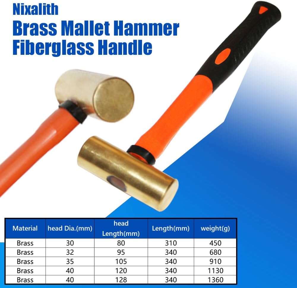 Nixalith Ball Pein Hammer, Brass Head and Fiberglass Handle, 8-Ounce Jewelry-Making Tool Brass Mallet Hammer 220g
