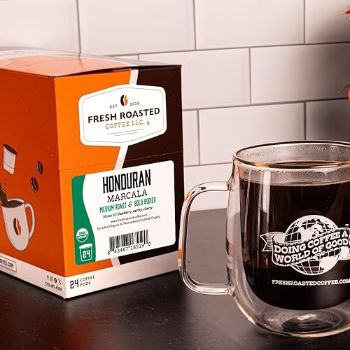 Miniatura 485 de Fresh Roasted Coffee, Peaberry de Tanzania, tostado ligero, Kosher, compatible con K-Cup, 24 cápsulas