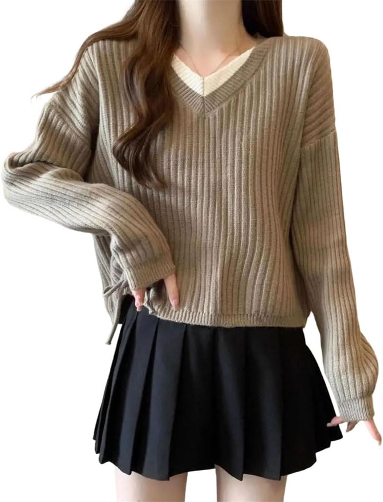 Women's Knitted Sweater Fall Winter Fashion All-Match Slimming V-Neck Long Sleeved Drawstring Sweater