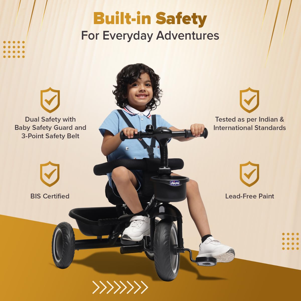 Child riding Chicco Evo Trike with safety features highlighted.