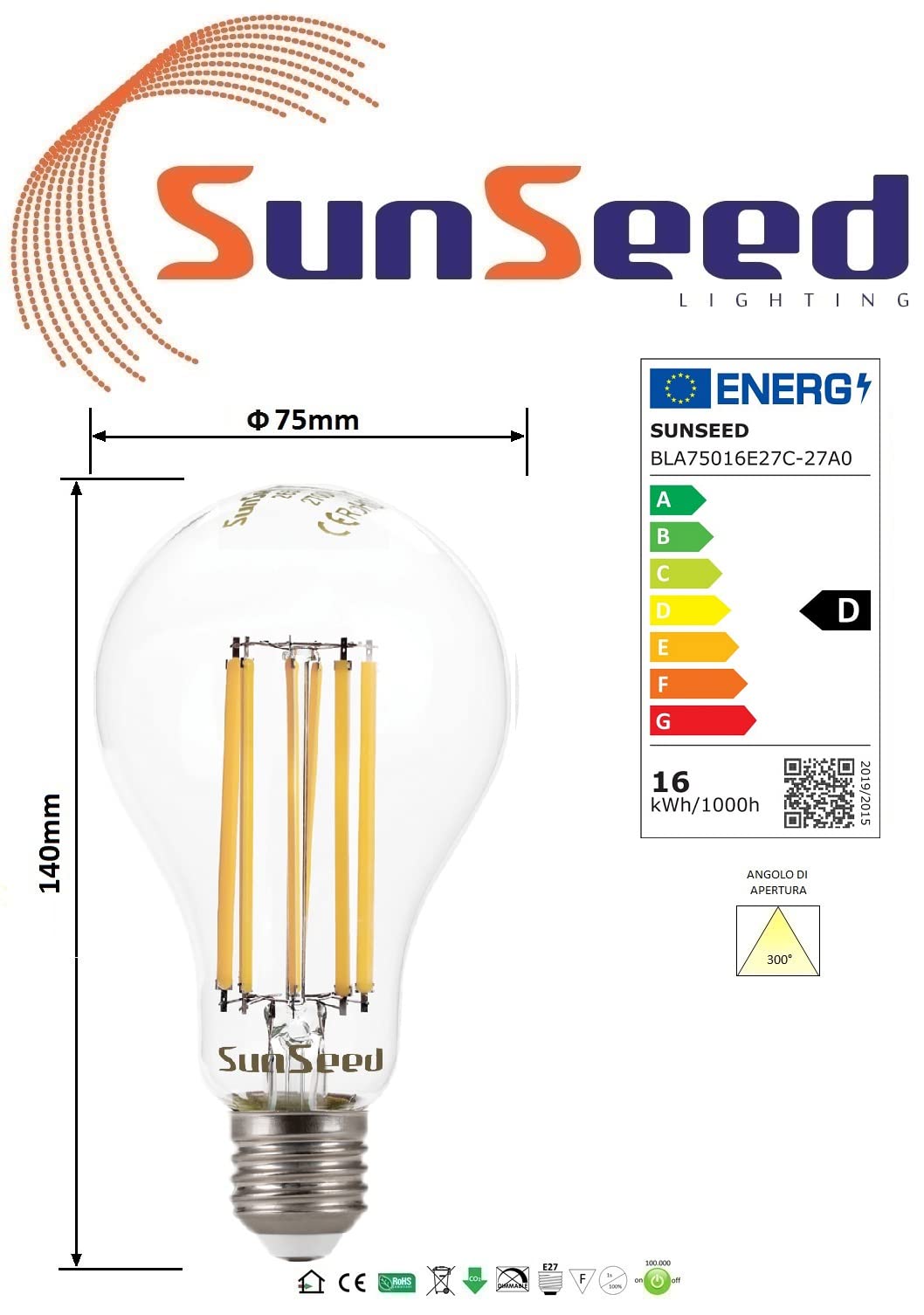 SUNSEED 10x Lampadina E27 Filamento LED 16W Goccia A75 2300 Lm Luce Calda 2700K, 142W Equivalente