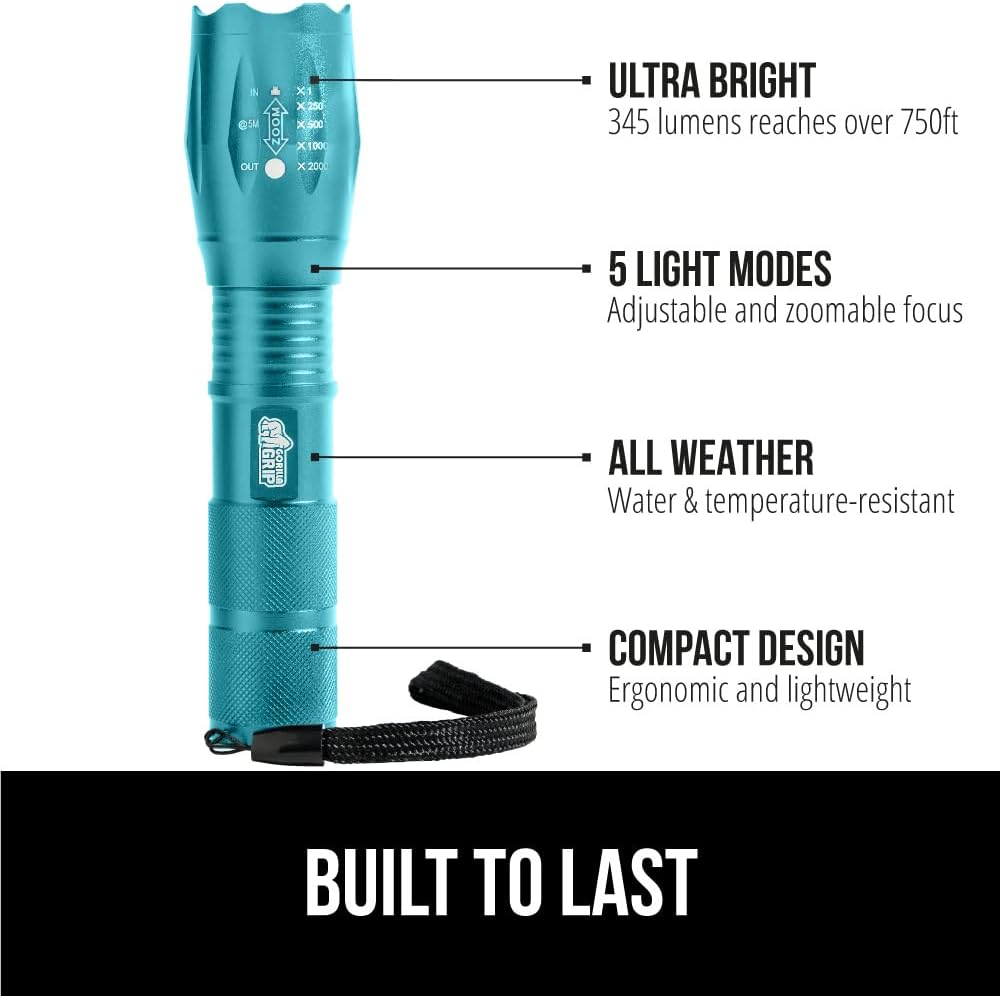 Gorilla Grip Water Resistant Powerful LED Tactical Flashlight 2 Pack, 750 FT Adjustable Mode Flashlights, Ultra Bright Compact Lights for Emergencies, Camping in Turquoise and Teal Blue, 2 Item Bundle