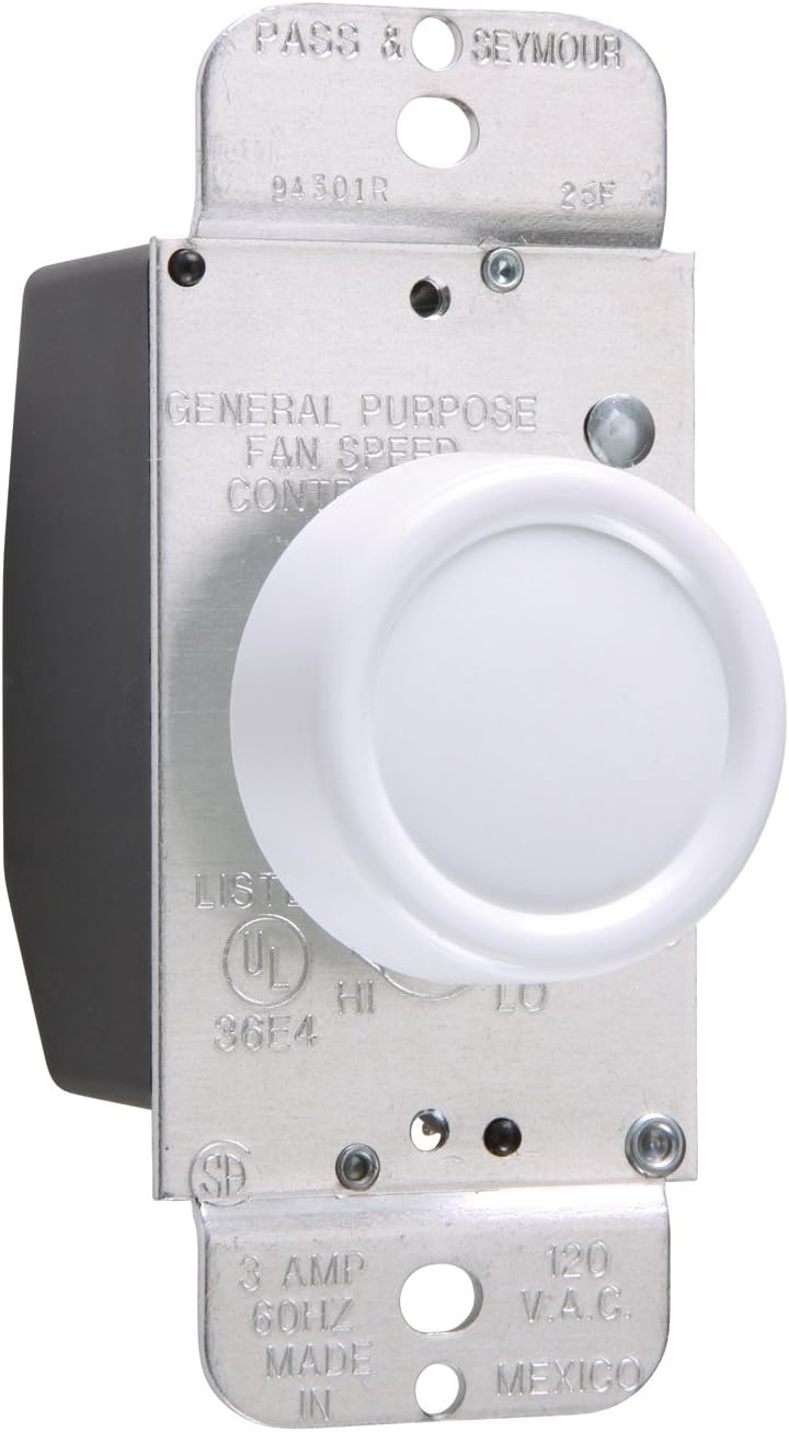 Legrand 3 Amp Rotary Ceiling Fan Speed Control Switch, White, 1-Pack | Pass & Seymour Rotary Knob De-Hummer Fan Control, No Motor Noise, Single-Pole, No Neutral Required, Push On/Off
