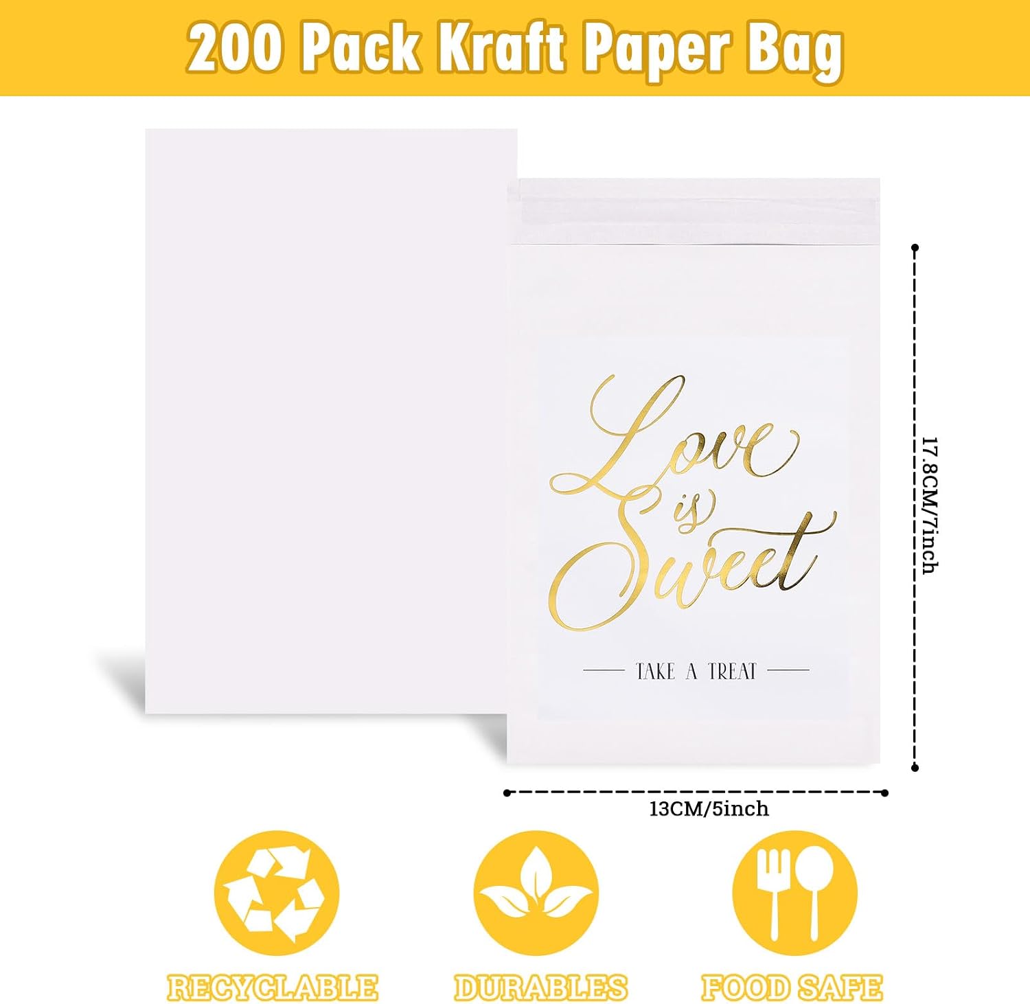 AnyDesign 200 Pack Wedding Favor Buffet Bags Gold Foil Love is Sweet White Kraft Paper Treat Bags Self-Adhesive Candy Cookie Bag for Bridal Shower Birthday Party Supplies, 5 x 7 Inch