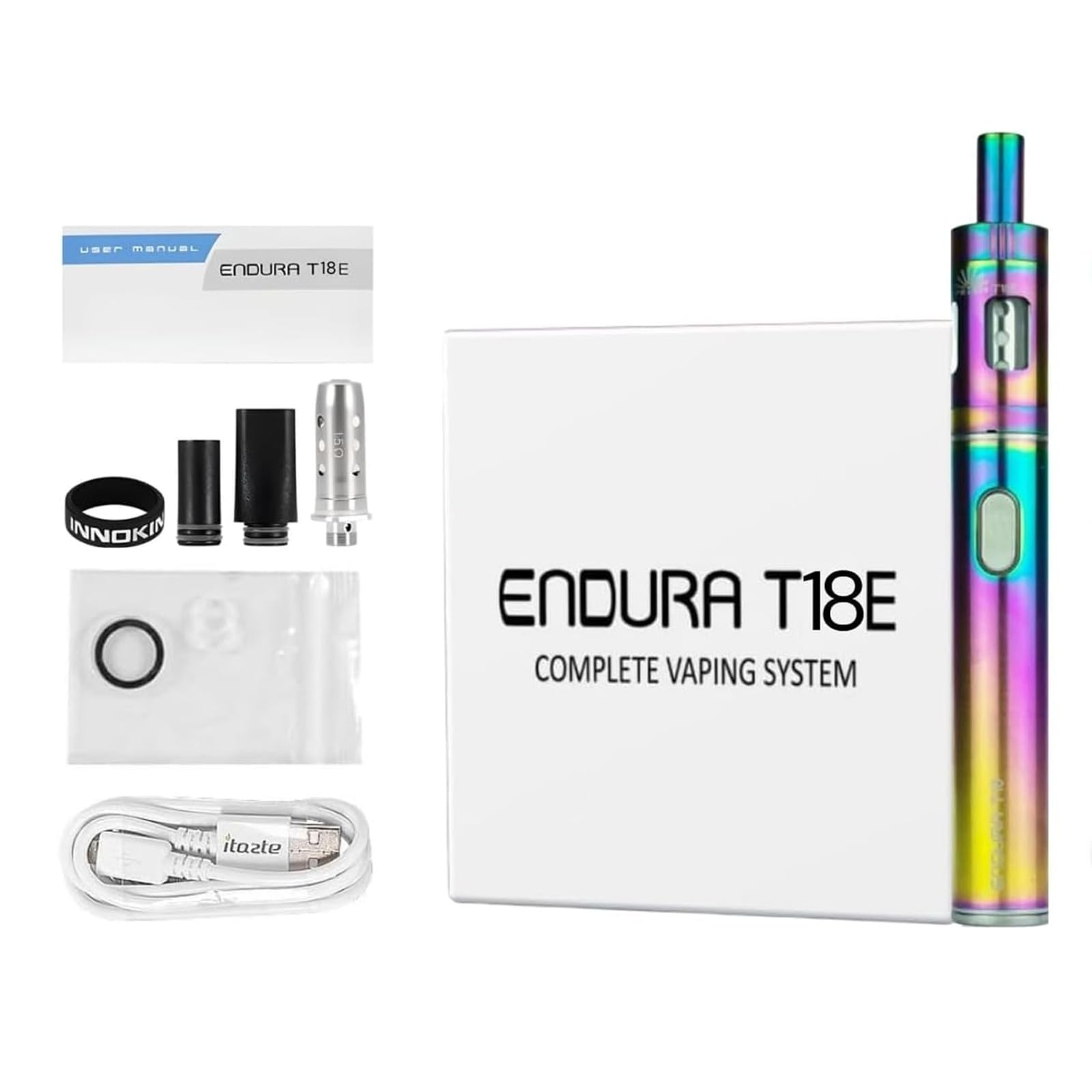 Innokin Endura T18E Kit, 1000mAh Pen-Style Starter Device with Type-C Fast Charging, Fixed 14W Output, Prism T18E Tank, Single Button Operation, 2ml Cartridge Capacity, No Nicotine (Rainbow)