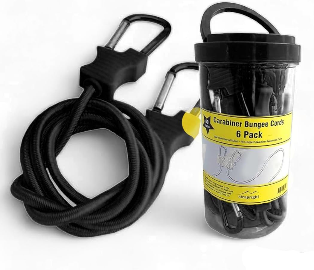 60 inch Bungee Cord with Carabiner - 6 Pack Premium Tie Down Straps-Superior Latex-Strong Wide Mouth Hooks for Camping Luggage, Boat & Bikes - Black