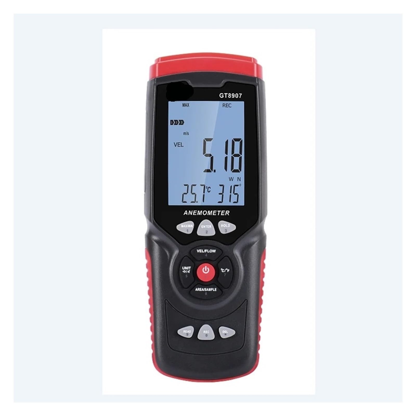 Anemómetro digital GT8907 Medidor de velocidad del viento for actual Temperatura Humedad Volumen aire Flujo Dirección Ángulo Datos