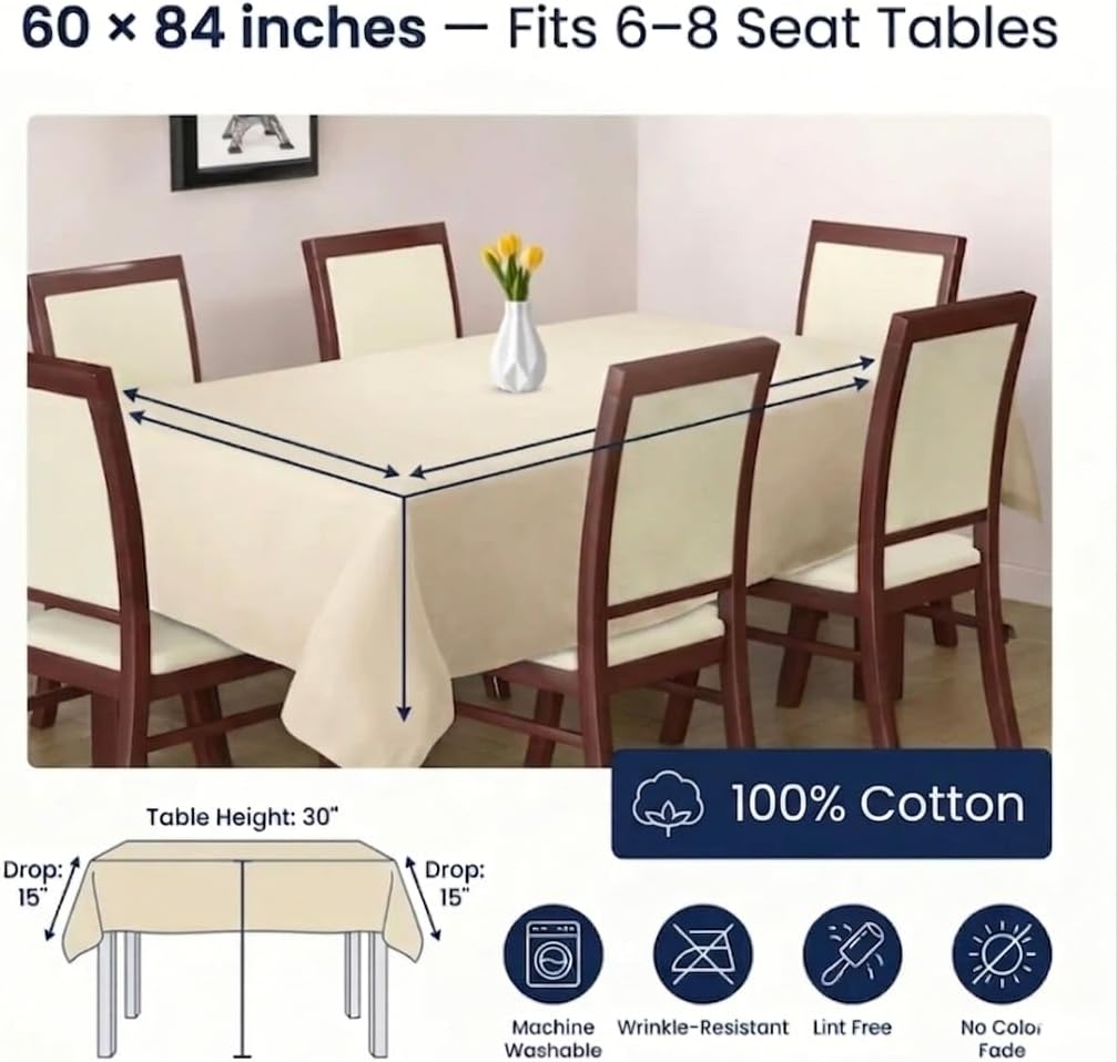 *similar to stock* urban villa table cloth white kitchen dining tabletop cover 100% cotton 60x84 inches rectangle tablecloth washable reusable durable ideal for hotel restaurant farmhouse wedding holiday dinner parties cream 84\" x 60\" (rectangular)