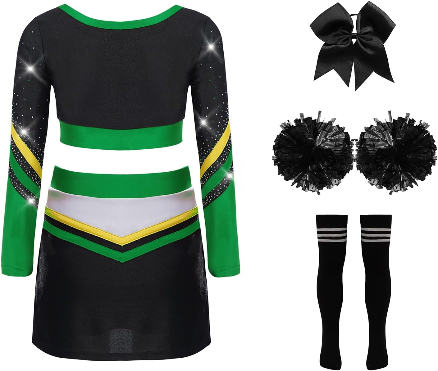 Aislor Cheer Costume for Girls Cheerleading Uniform Dance Themed Party Top with Skirt Headband Socks Pom-pom Green Black 12 Years