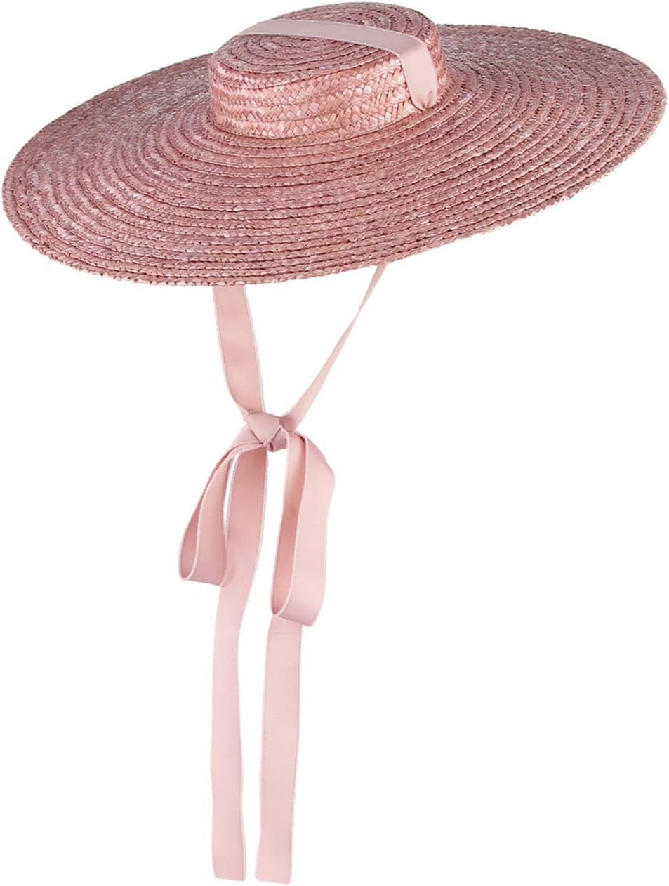 Damen Vintage Strohhut Bootshut - Flat Top Wide Brim Floppy Derby Sonnenhut mit Kinnriemen - Rosa Strandhut für Sommer, Outdoor und Reisen, Pink