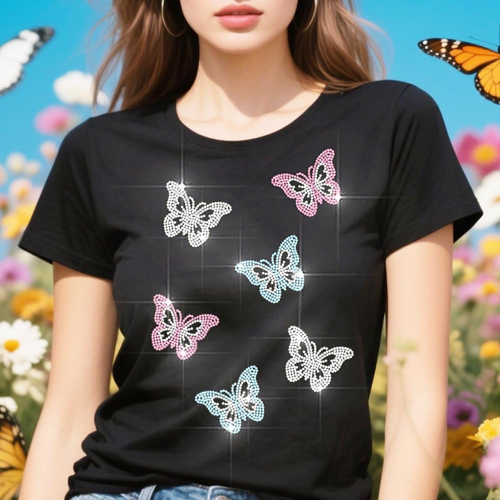 MAYJOYDIY Colorful Butterfly Rhinestone Iron on Decal Fantasy Butterfly Hotfix Transfer Sticker Insects Heat Transfer Patch Bling Clothing Repair Applique for T-Shirt Hat Jacket Garment Bag DIY Decor