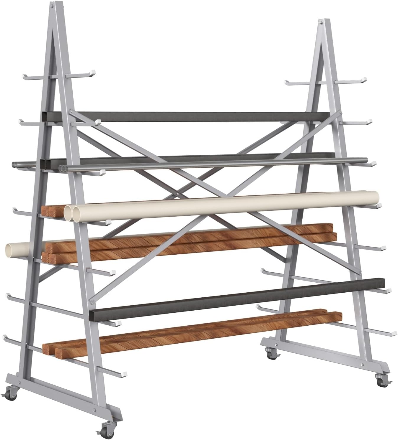 7-Tier Floor Standing Lumber Horizontal Storage Rack, Heavy-Duty Metal Adjustable Arms Pallet Racking, Up to 2500 LBS, Free Standing Bar Storage Cantilever Rack for Basement