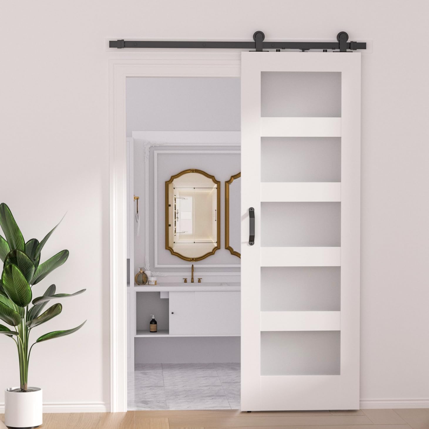 24 in x 84 in White Glass Double Barn Door with 8FT Sliding Barn Door Hardware Kit,5 Tempered Frosted Glass,MDF Core with Eco Water-Proof PVC,DIY Assembly(Sliding Barn Door and Hardware Included)