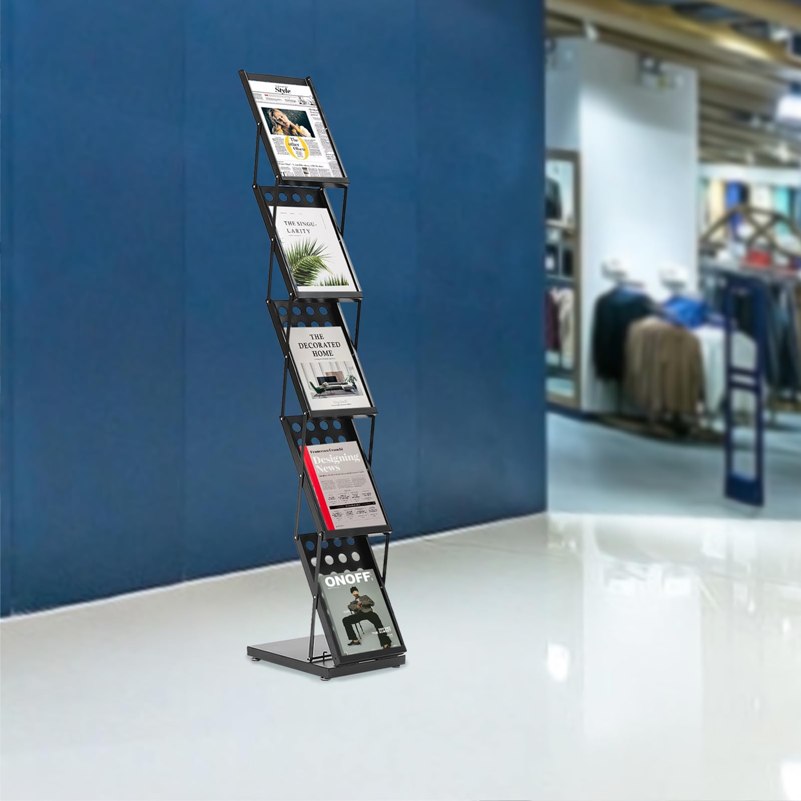 Faltbare Prospektständer, 5 Etagen Zeitschriftenständer A4 Infoständer Bodenstehender Literaturständer für Büro und Messe, 40×27×160 cm, Schwarz
