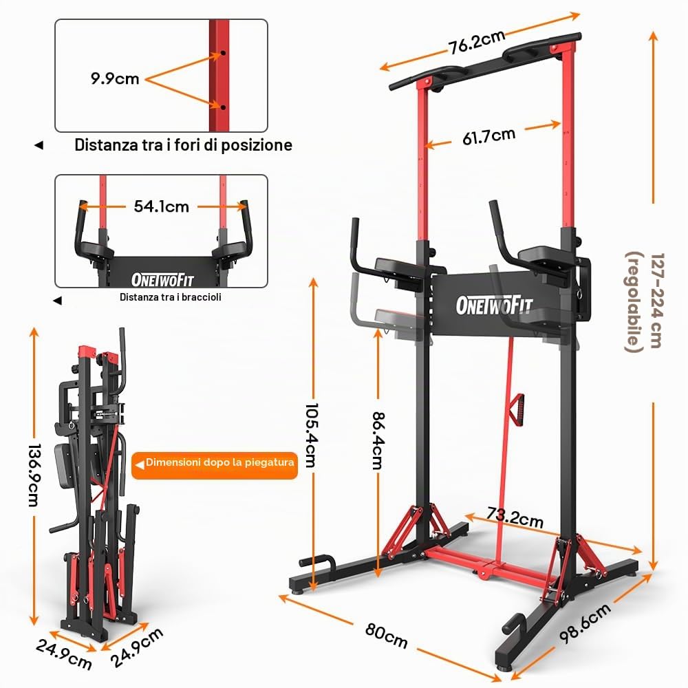 ONETWOFIT Barra per trazioni autoportante pieghevole,Power Tower Dip Station,regolabile in altezza 127-224cm,multifunzionale Attrezzi da palestra assistenza macchina