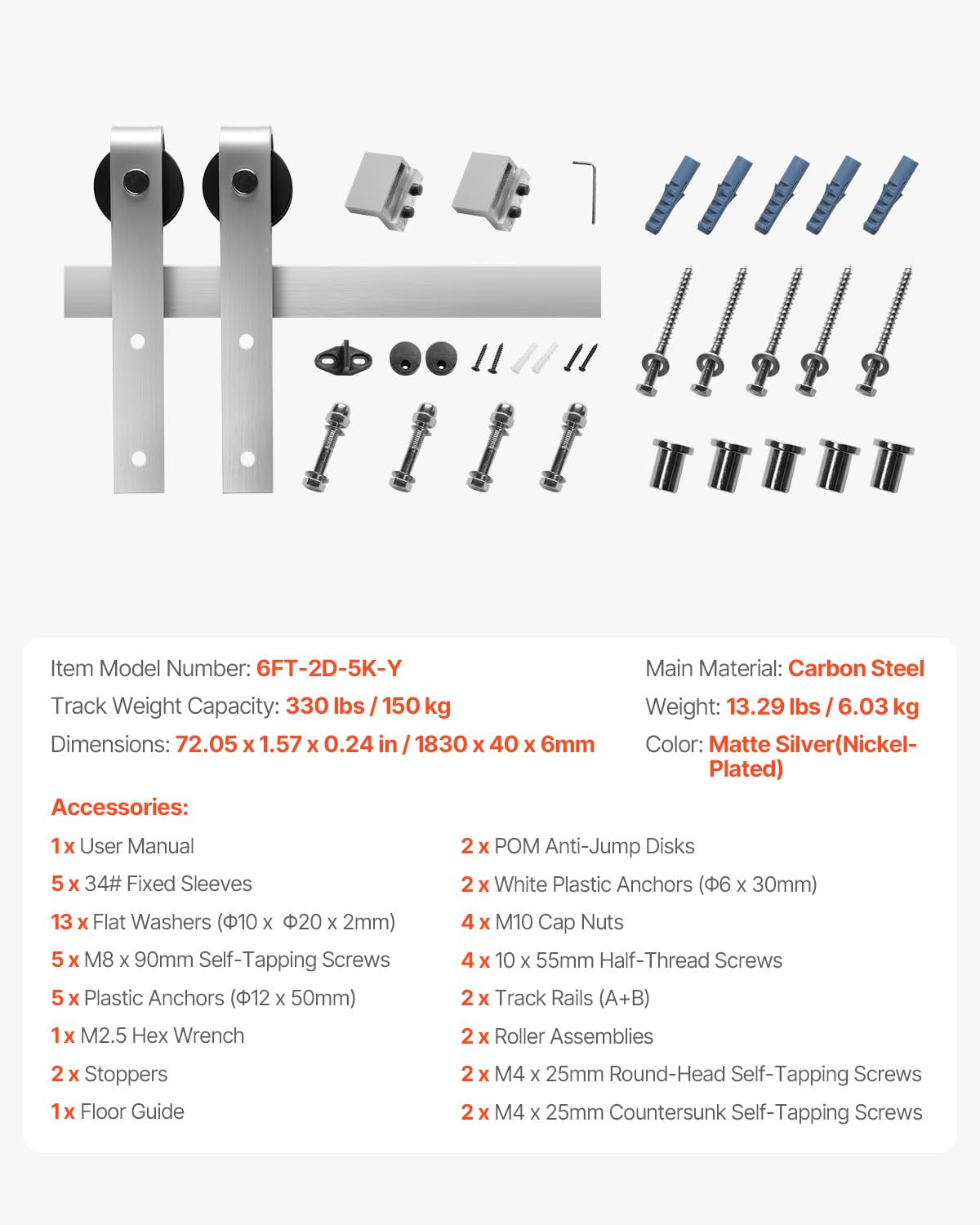 VEVOR Kit Ferramenta per Porta Scorrevole da Fienile 1828 mm, Capacità 150 kg, Compatibile con Larghezza 914 mm e Spessore 34,9-44,45 mm, Binario Resistente Rullo a Forma J, Argento