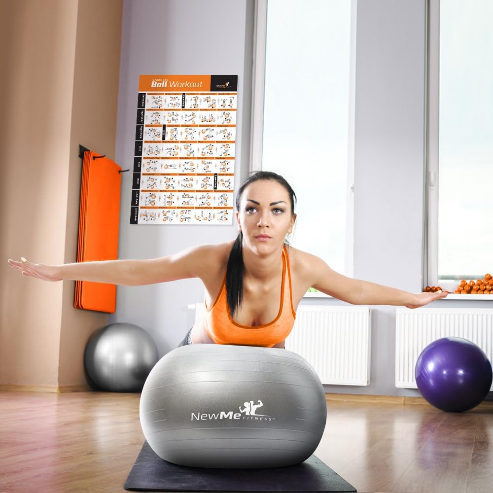 Exercise Ball Poster Laminated - Total Body Workout - Personal Trainer Fitness Program - Swiss, Yoga, Balance & Stability Ball Home Gym Poster - Tone Your Core, Abs, Legs Gluts & Upper Body - 20"x30"