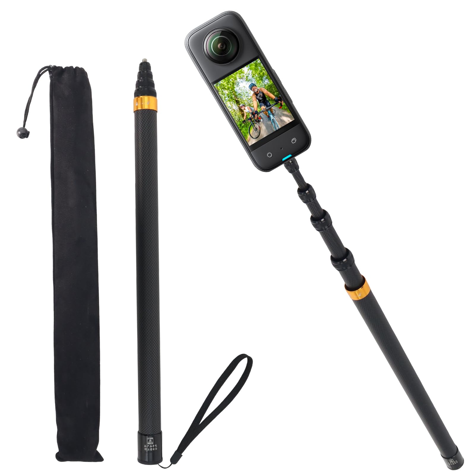 300cm Perche à Selfie Invisible en Fibre de Carbone, Compatible avec Insta-360 One R, One RS, GO 2, One X2, One X, X3, Vis 1/4 Pouce 46cm-300cm Longueur Réglable
