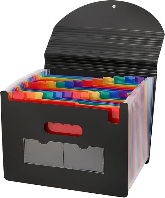 ZEONHEI 26 Pockets A4 Expanding File Organiser Folder, Expandable Accordion Document Paper Organiser, Portable Plastic Concertina Files Rainbow Filing Boxes Wallet with Lid and Tag Index, A-Z Dividers