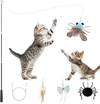 VavoPaw 4-in-1 Interactive Cat Toys for Indoor, Retractable Cat Wand Toy with Feather, Crinkle Paper Refills, Cats Enrichment Toys Teaser Wand for Bored Indoor Adult Cats and Kittens