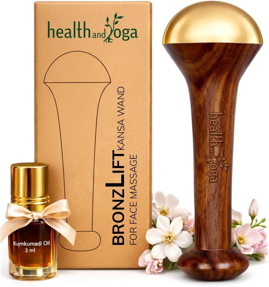 SoulGenie HealthAndYoga™ BronzLift Kansa Face Massager and Kumkumadi Face Oil Trial Vial - Kansa Wand Ayurveda Benefits of Bronze - Skin Lustre (Single Dome)
