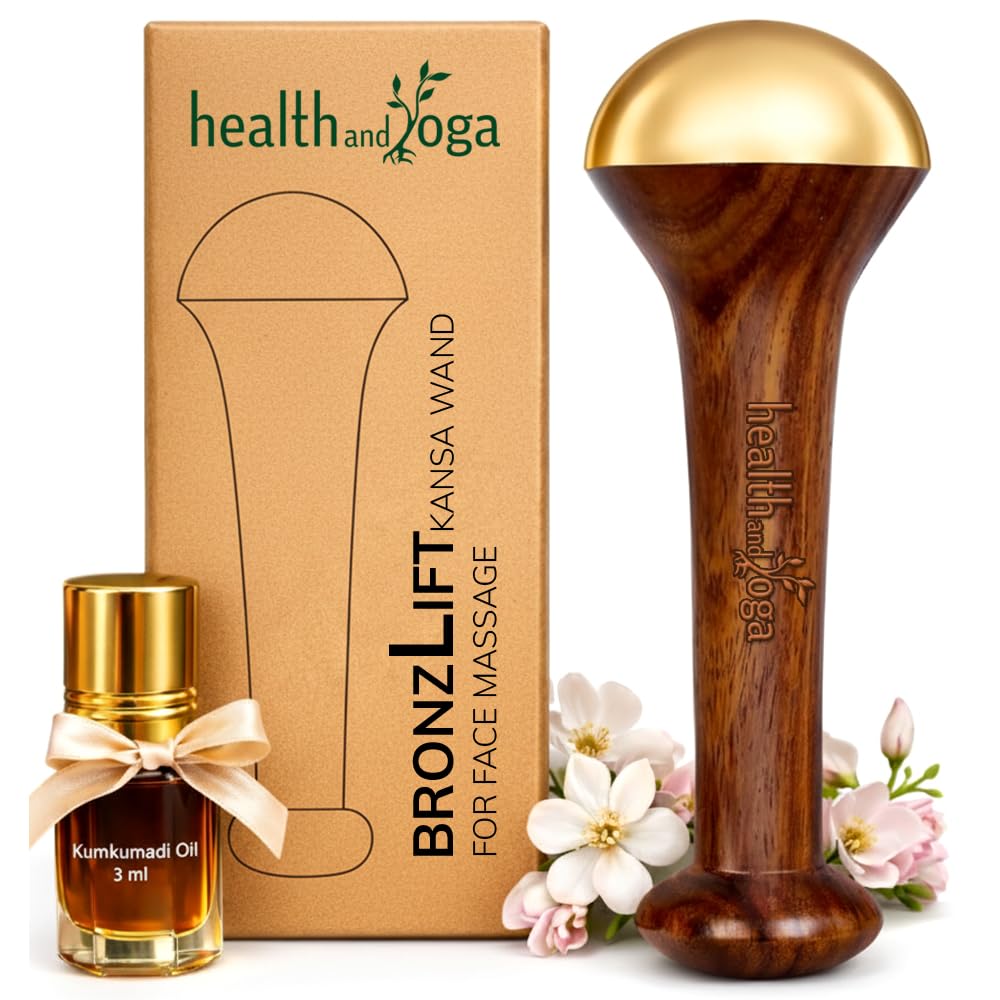 SoulGenie HealthAndYoga™ BronzLift Kansa Face Massager and Kumkumadi Face Oil Trial Vial - Kansa Wand Ayurveda Benefits of Bronze - Skin Lustre (Single Dome)