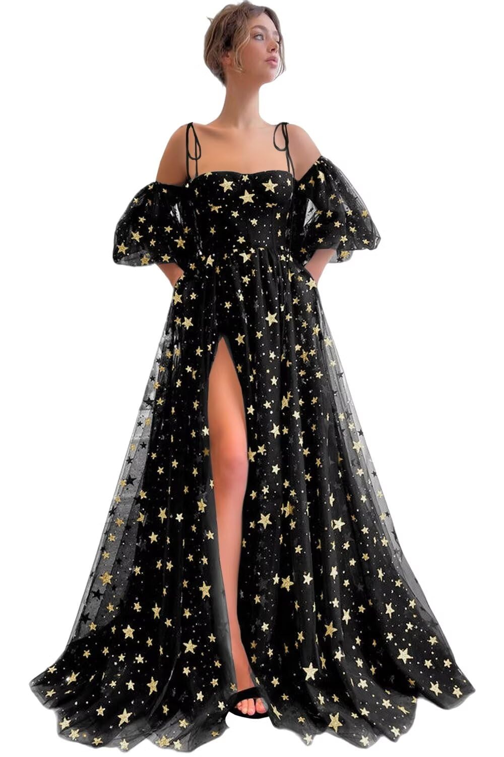 Basgute Sparkly Starry Tulle Prom Dresses for Women Slit Long Puffy Sleeve Glitter Star Formal Evening Party Gown