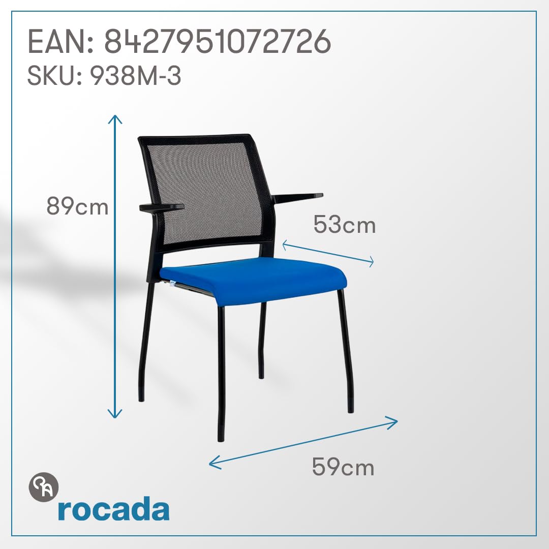 Rocada | Silla Confidente de 4 Patas - Respaldo de Malla Negra - Asiento Tapizado Azul - Reposabrazos Incluidos - Estructura Negra - Modelo RD938M-3 para Visitas y Reuniones