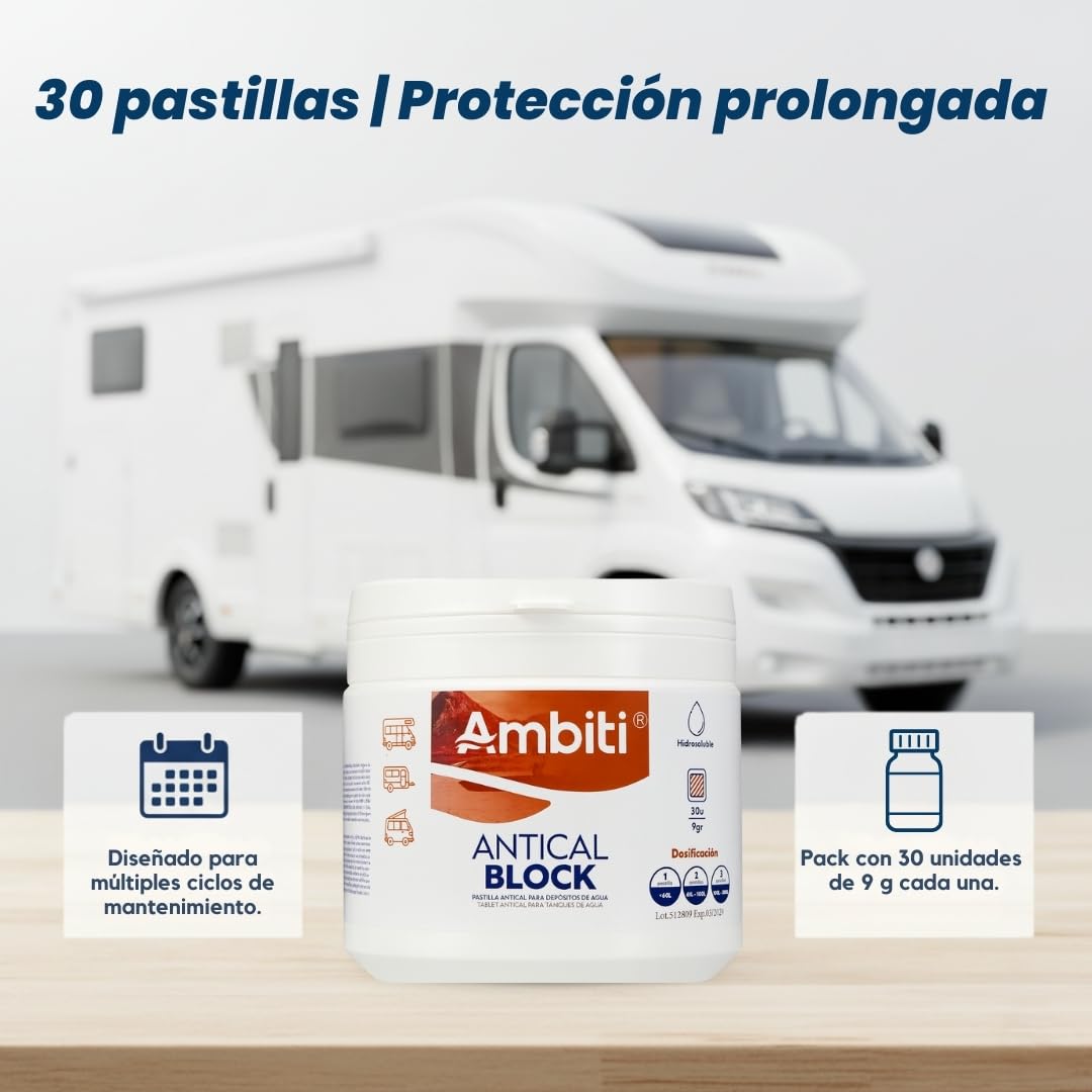 Ambiti | Antical Block | Tabletas para Eliminar y Prevenir la Cal en Depósitos de Agua Limpia, Grises | Ideal para Cisternas, Caravanas y WC |Mejora la Calidad del Agua |30 Pastillas de 9 gr
