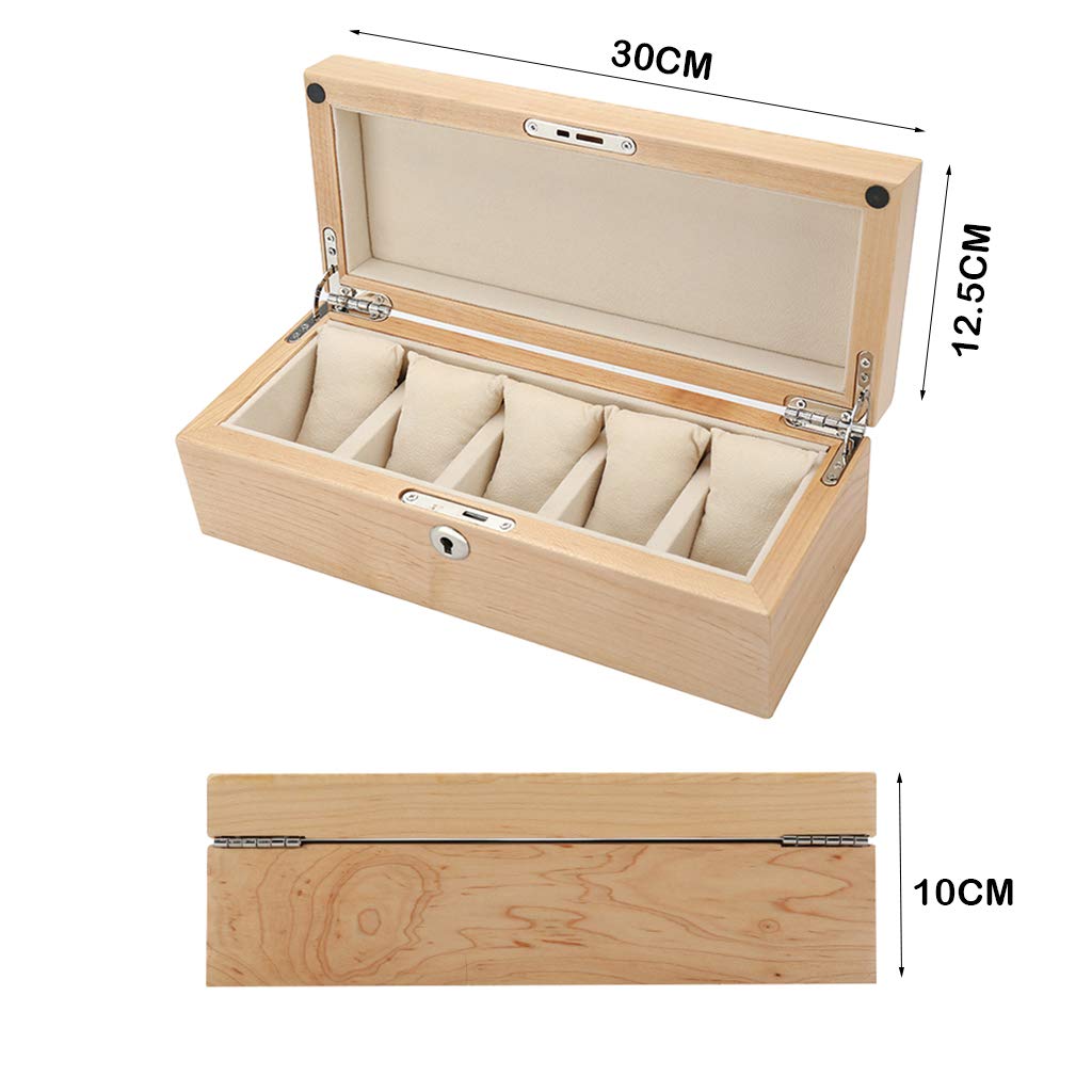 Tapa de vidrio, 5 cajas para relojes, caja de madera para exhibición de joyas, caja de almacenamiento, bandeja para pulsera, hebilla de Metal con cerradura y 6 cojines de almacenamiento extraíbles