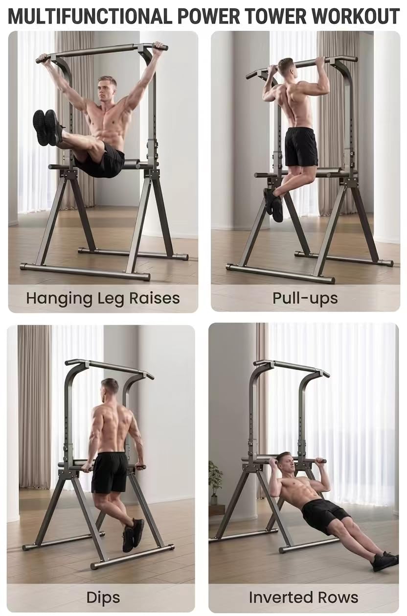COMINGFIT Power Tower mit Klimmzugstange, klappbarer Dip-Station, und höhenverstellbarer Stange, stabile und stabile Dreiecksstruktur, Multifunktionsgeräte für Krafttraining und Heimfitness