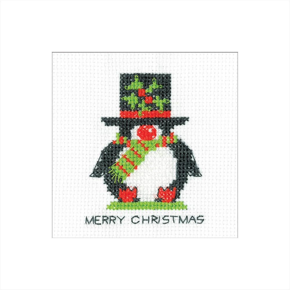 Heritage Crafts Penguin - Top Hat - Counted Cross Stitch Christmas Card kit by Kirsten Roche
