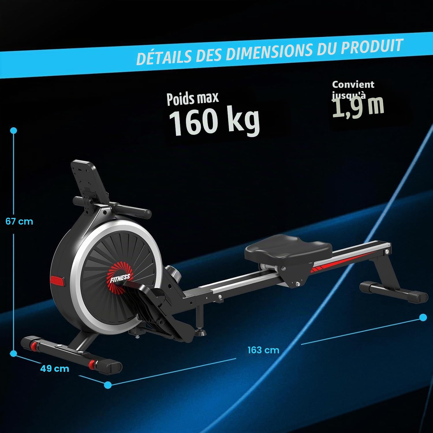 Dskeuzeew Rameur pliable pour la maison avec résistance hydraulique pour tout le corps Appareil de fitness Moniteur LCD Max 150 kg