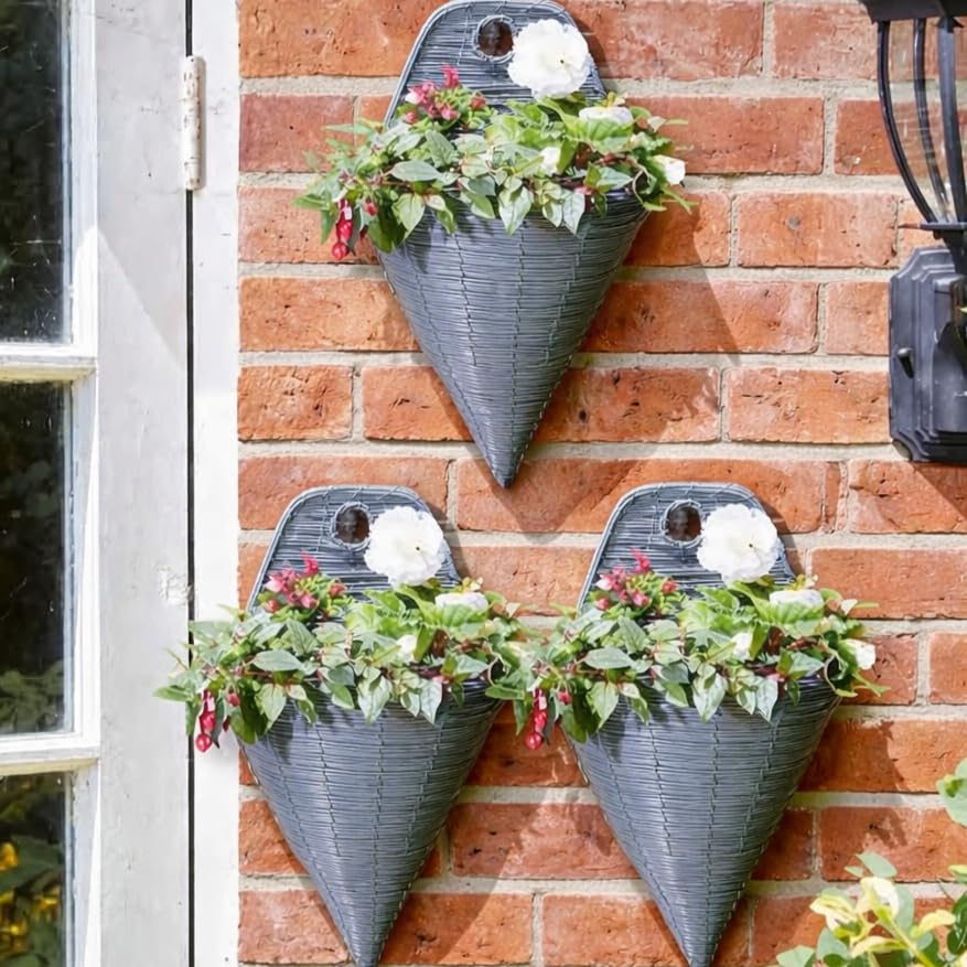 Garden Mile Wall Mounted Flower Basket 14'' 3pc Set Cone Rattan Effect Plant Holder Outdoor Planter Grey Wicker Pre-Lined for Easy Planting โ image 1