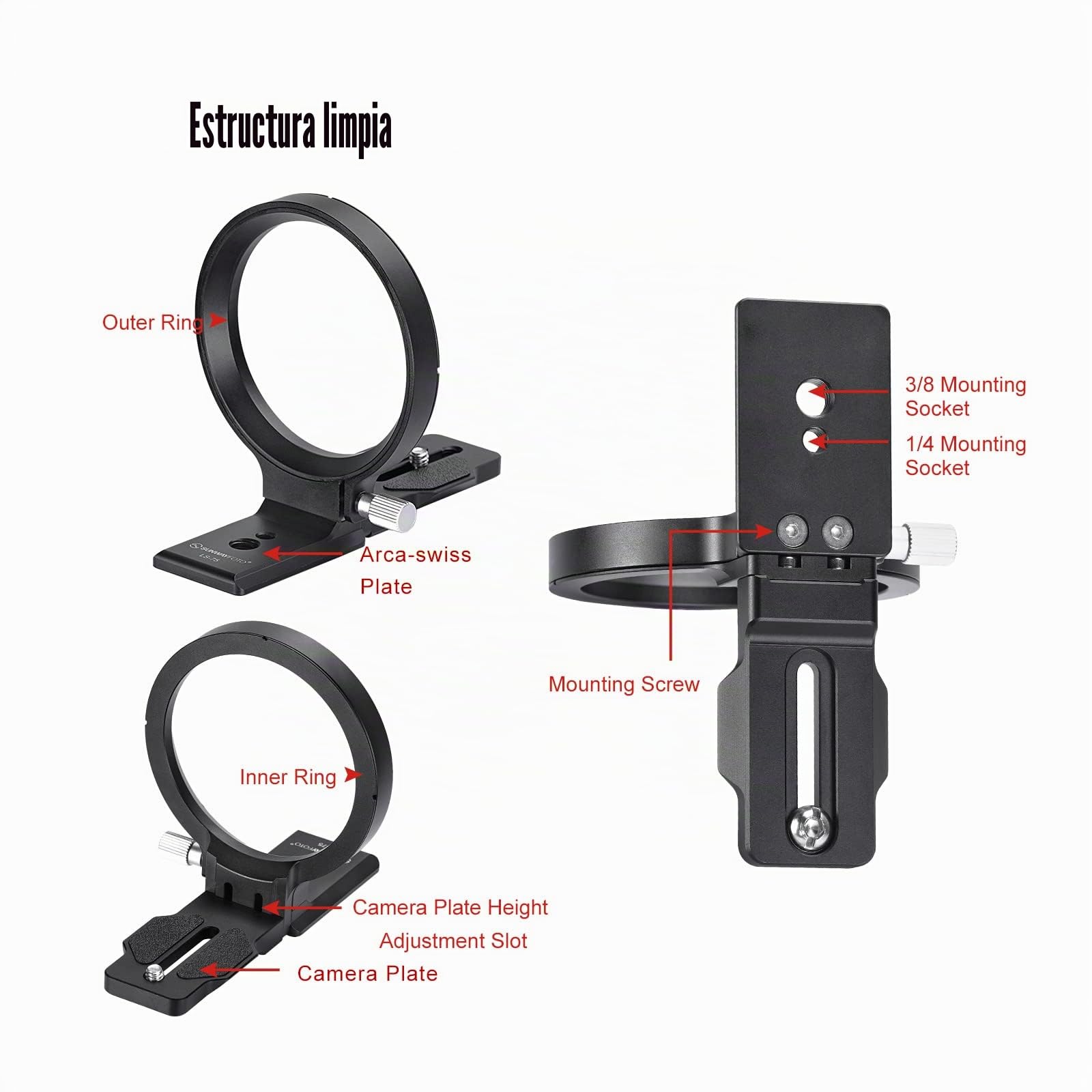 SUNWAYFOTO LS-75 - Manguito giratorio universal de 75 mm para cámaras DLSR, soporte de trípode, anillo de soporte para objetivo, manguito Arca Swiss Plate Mount DSLR Conmutación horizontal vertical