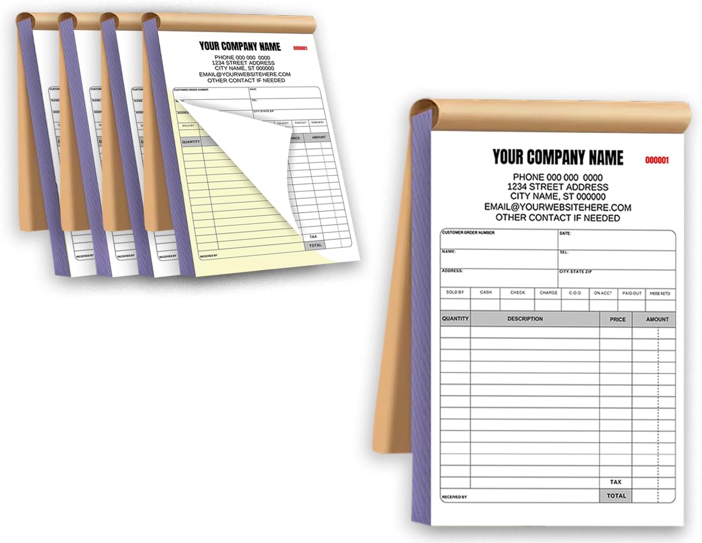 Custom Carbonless Invoice Book Personalized, 2-Part NCR Forms with Clear Copies, Work Sales Receipt & Work Order with Company Name 2 Books (100 Sets) (2-Part [White/Yellow], 7.48 x 5.12INCH)