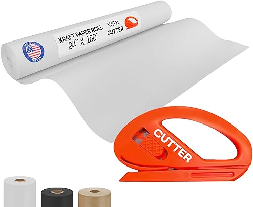 Vista 114 de Rollo de papel kraft marrón de 24 x 1800 pulgadas (150 pies) con cortador, papel de calidad fabricado en Estados Unidos, 50 libras de grosor